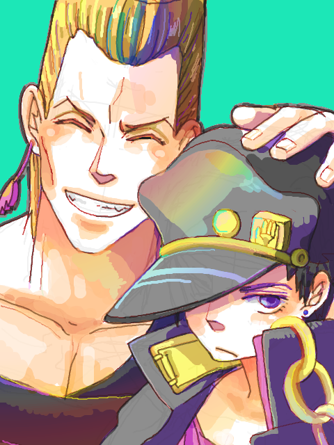 yaruse, jean pierre polnareff, kuujou joutarou, jojo no kimyou na bouken, bad id, bad pixiv id, 2boys, aged down, black hair, blonde hair, earrings, gakuran, hat, jewelry, male focus, multiple boys, school uniform, smile