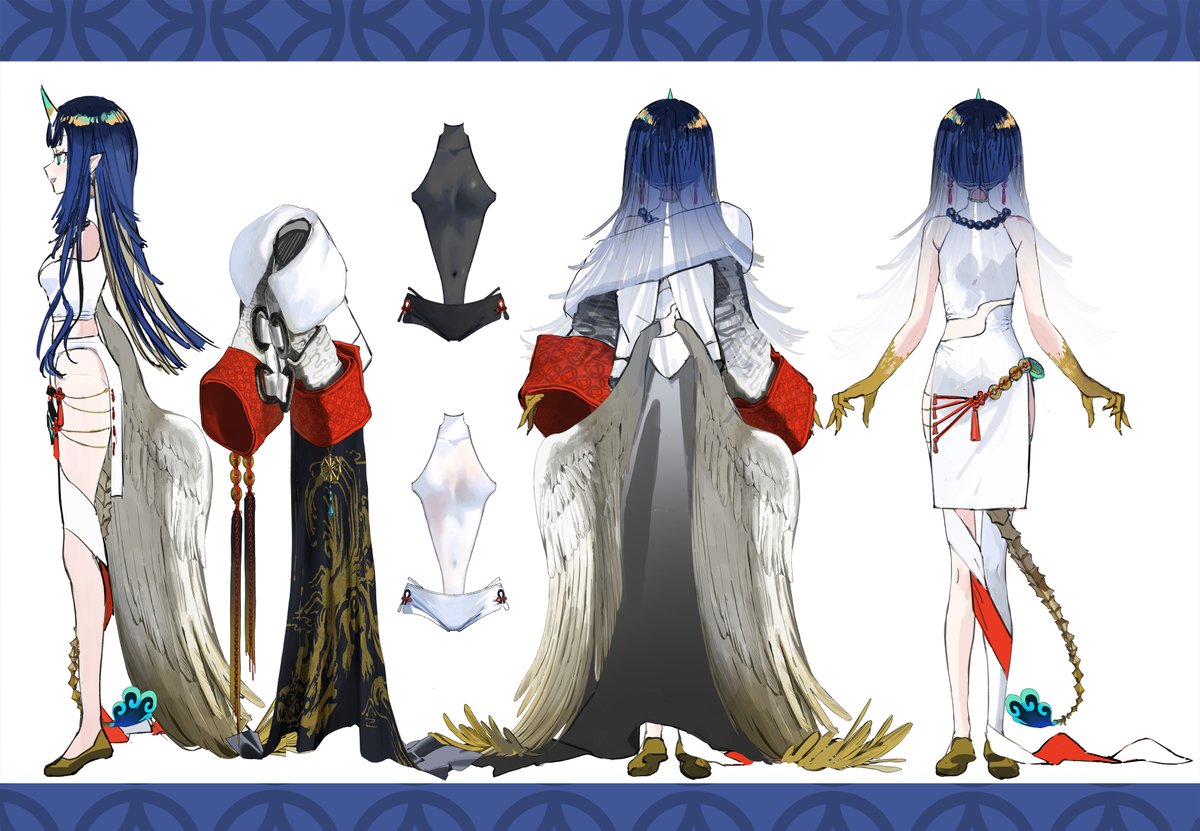 wata (attaka towel), v4mirai, commentary, english commentary, official art, second-party source, 1girl, ao wuwu, aqua eyes, blonde hair, blue hair, brown shoes, clothing cutout, colored inner hair, dragon print, dress, full body, horns, looking at viewer, multicolored hair, multiple views, pillarboxed, profile, reference sheet, round eyewear, shoes, single horn, single thighhigh, slit pupils, tail, thighhighs, virtual youtuber, white background, white dress, white thighhighs, yellow-framed eyewear