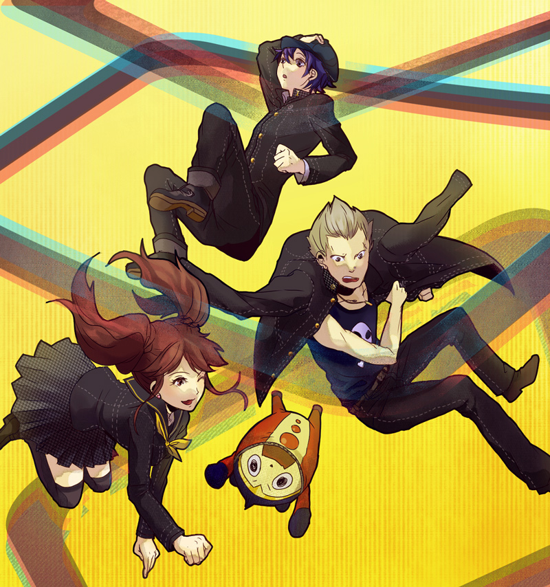 yaruse, kujikawa rise, kuma (persona 4), shirogane naoto, tatsumi kanji, atlus, persona, persona 4, bad id, bad pixiv id, 2boys, 2girls, androgynous, blue hair, brown hair, hat, multiple boys, multiple girls, newsboy cap, reverse trap, school uniform, thighhighs, twintails
