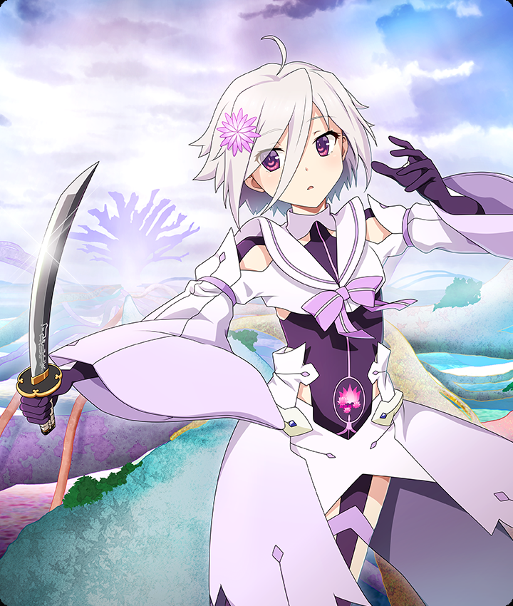 itomi sayaka, nogi sonoko, toji no miko, toji no miko: kizamishi issen no tomoshibi, yuuki yuuna wa yuusha de aru, yuusha de aru, game cg, official art, third-party source, 1girl, ahoge, cloud, cosplay, flower, glint, gloves, hair between eyes, hair flower, hair ornament, holding, holding sword, holding weapon, leotard, long sleeves, magical girl, nogi sonoko (cosplay), parted lips, purple eyes, purple flower, purple gloves, purple leotard, purple sky, shirt, short sword, skirt, sky, solo, sword, tree, weapon, white hair, white shirt, white skirt, wide sleeves