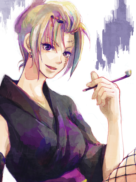 yaruse, tsukuyo, tsukuyo (gintama), gintama, bad id, bad pixiv id, 00s, 1girl, blonde hair, earrings, female focus, fishnet pantyhose, fishnets, folded ponytail, hoop earrings, japanese clothes, jewelry, kiseru, pantyhose, scar, smoking pipe, solo