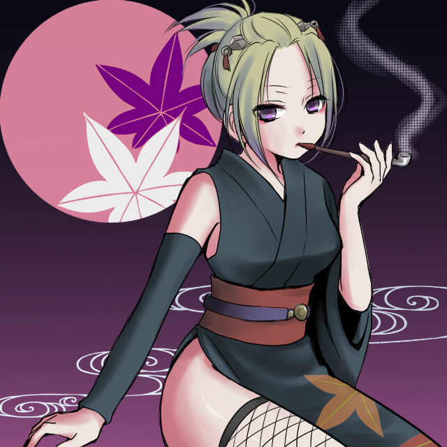 sakurai (f/l), tsukuyo, tsukuyo (gintama), gintama, 00s, 1girl, blonde hair, female focus, fishnets, folded ponytail, japanese clothes, kiseru, sitting, smoking, smoking pipe, solo, thighhighs