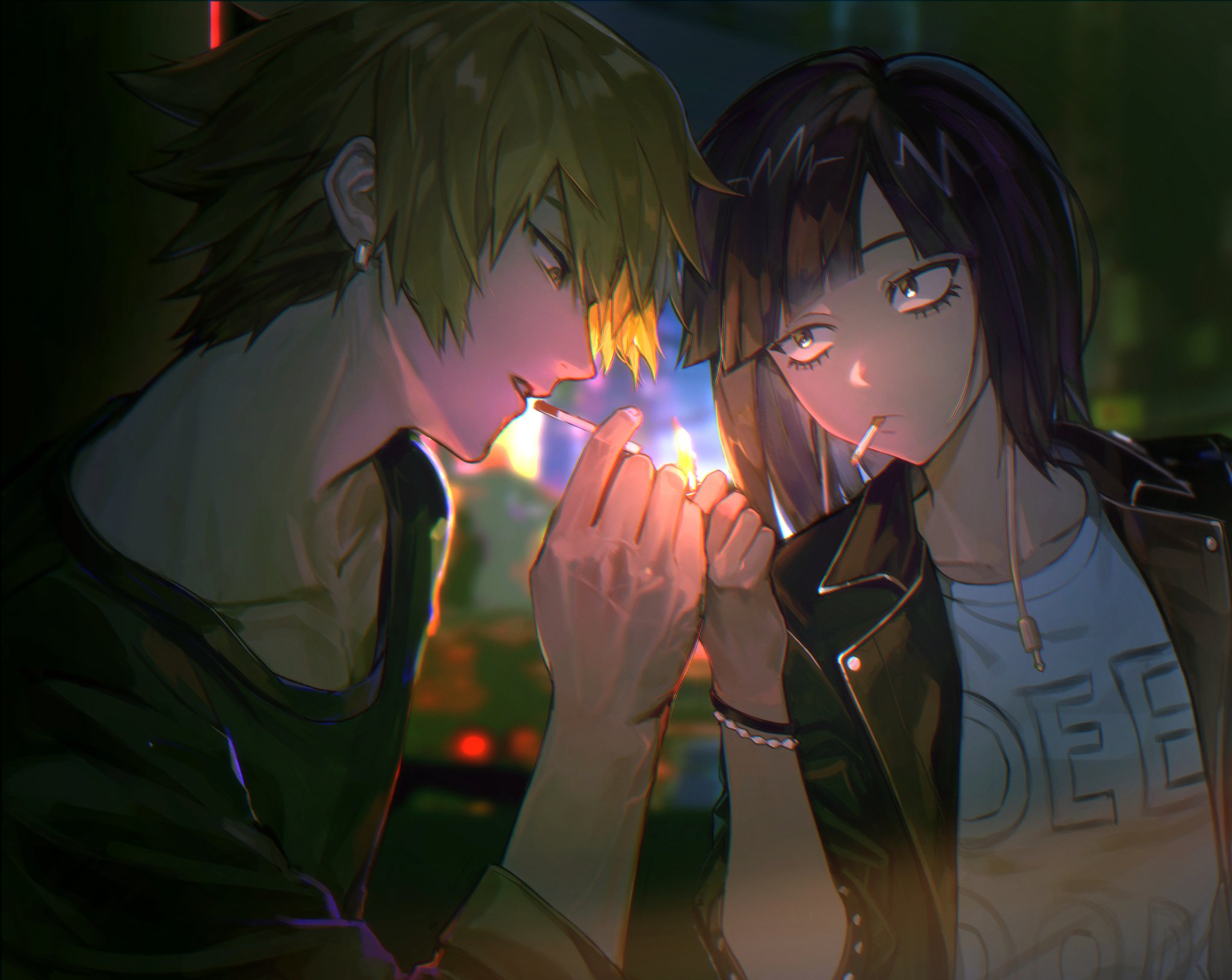 jiro kyoka, kaminari denki, boku no hero academia, hashtag-only commentary, highres, 1boy, 1girl, alternate costume, audio jack, black jacket, black shirt, blonde hair, cigarette, collarbone, dao8 33, earplugs, earrings, holding, holding cigarette, holding lighter, jacket, jewelry, lighter, lighting cigarette, long earlobes, long hair, looking at another, purple hair, shirt, short hair, upper body, veins, veiny arms, veiny hands, white shirt