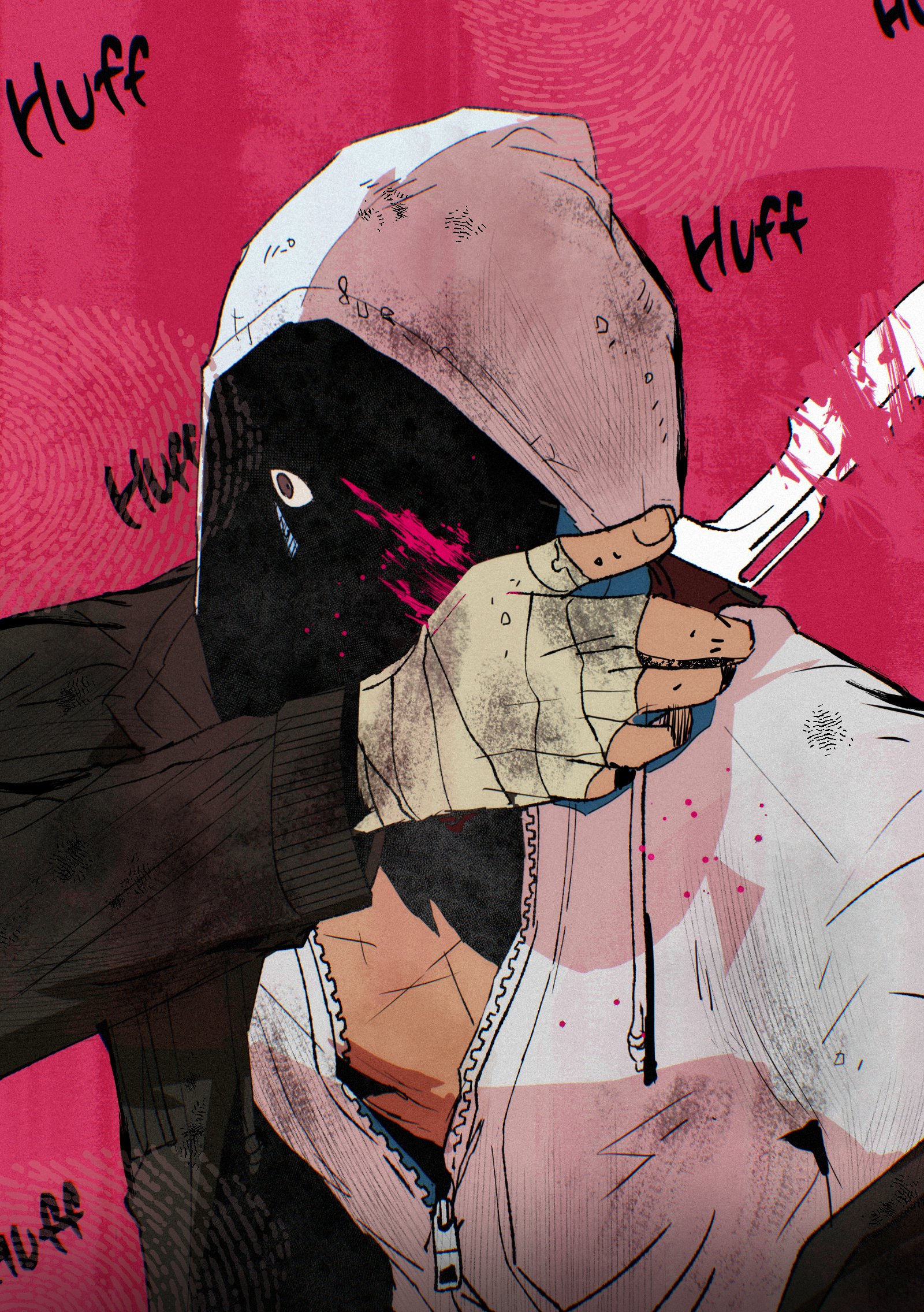 frank morrison, the legion (dead by daylight), dead by daylight, hashtag-only commentary, highres, 1boy, arm up, bandaged hand, bandages, black jacket, blood, blood splatter, bloody knife, brown eyes, drawstring, holding, holding knife, holding weapon, hood, hood up, hooded jacket, jacket, jacket partially removed, knife, male focus, open clothes, open jacket, partially unzipped, red background, solo, sound effects, upper body, vaiiwxitao37079, weapon, wide-eyed, zipper