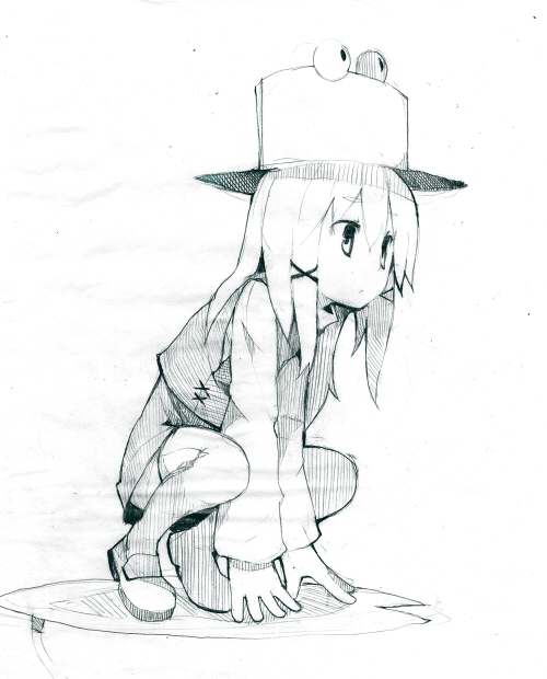 fuukadia (narcolepsy), moriya suwako, touhou, 1girl, blue theme, female focus, hat, lily pad, monochrome, sketch, solo, squatting, thighhighs