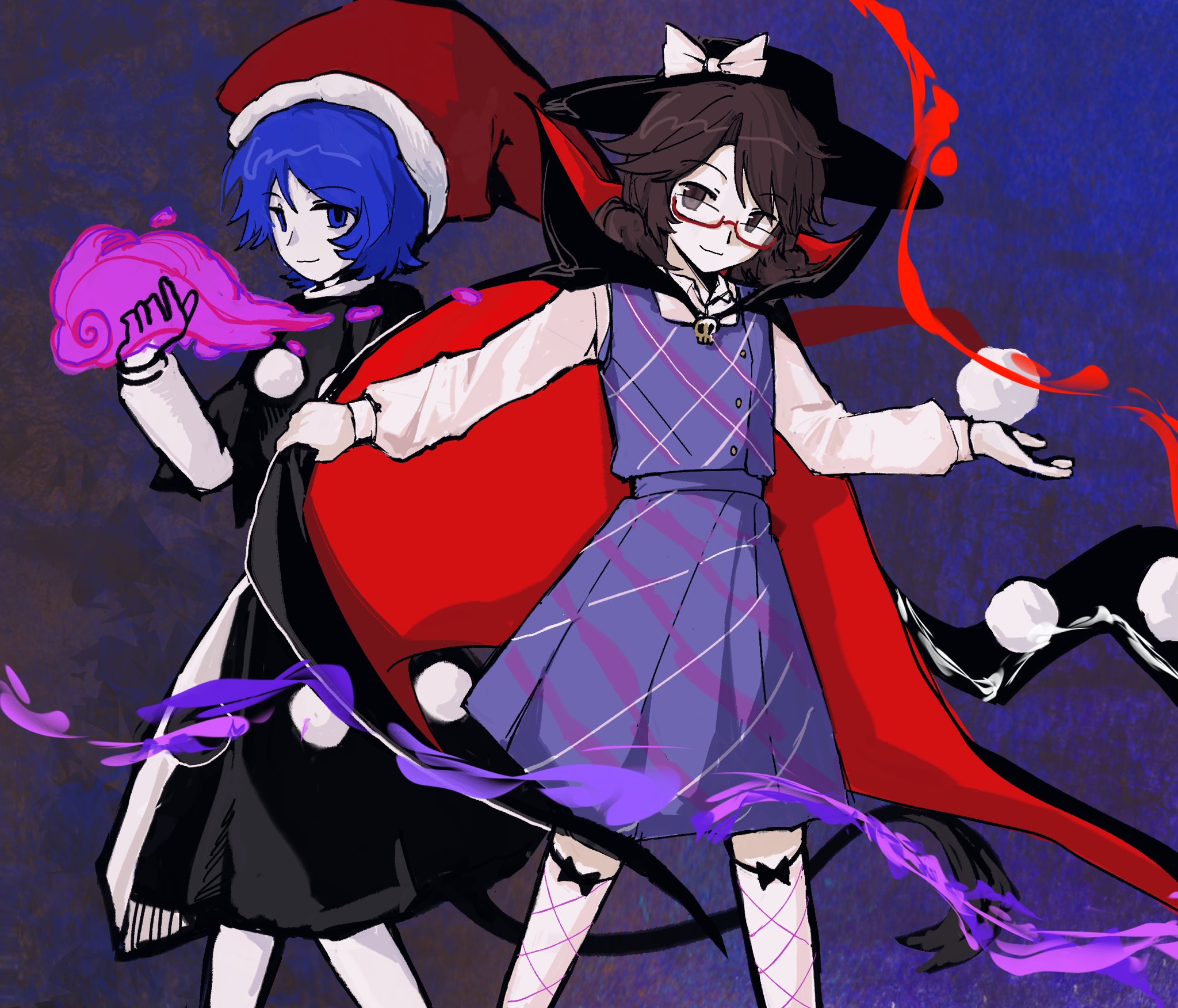 doremy sweet, usami sumireko, touhou, commentary, highres, symbol-only commentary, 2girls, blue hair, brown hair, cape, hat, hat ribbon, lei niao3375, looking at viewer, multiple girls, ribbon, santa hat, semi-rimless eyewear, two-sided cape, two-sided fabric, under-rim eyewear, white ribbon, wide brim