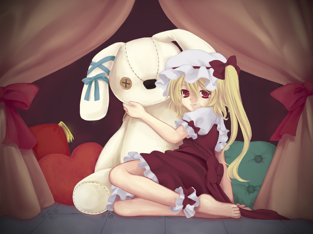 etou (cherry7), flandre scarlet, touhou, bad id, bad pixiv id, 1girl, barefoot, blonde hair, feet, female focus, hat, ponytail, rabbit, red eyes, short hair, side ponytail, solo, stuffed animal, stuffed rabbit, stuffed toy