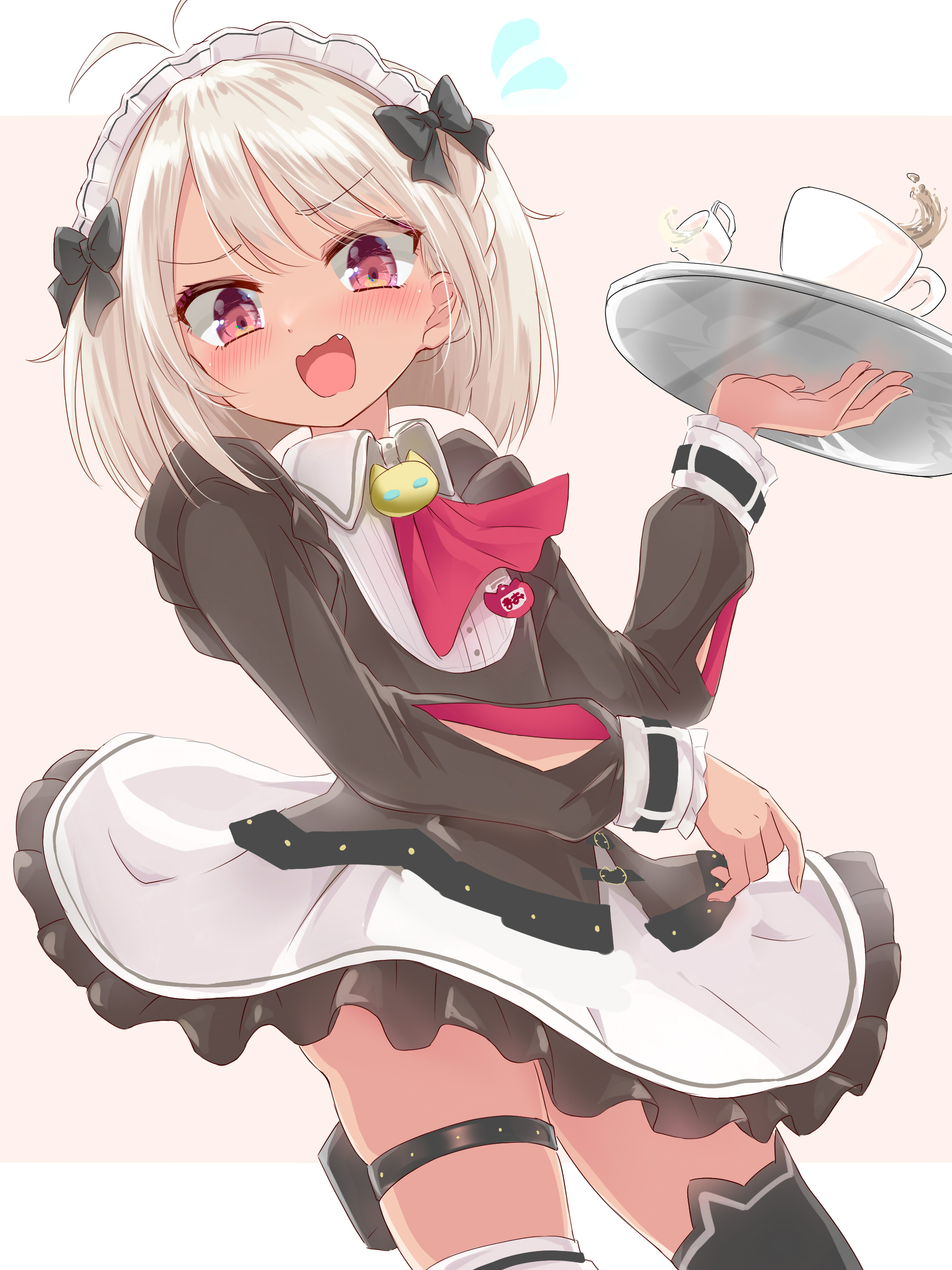 yotuba mokoh (benzenex), matsukai mao, matsukai mao (2nd costume), nijisanji, absurdres, commentary request, highres, 1girl, animal ear legwear, black bow, black dress, black thighhighs, blush, bow, cat ear legwear, dark-skinned female, dark skin, dress, fang, grey hair, hair bow, holding, holding tray, long hair, looking at viewer, maid, maid headdress, medium hair, official alternate costume, open mouth, purple eyes, skirt, solo, thighhighs, tray, virtual youtuber, white skirt