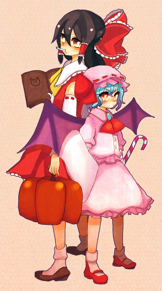 kudaru, hakurei reimu, remilia scarlet, touhou, 2girls, bat wings, blue hair, bow, braid, brown hair, detached sleeves, female focus, hat, japanese clothes, miko, multiple girls, pumpkin, red eyes, short hair, twin braids, wings