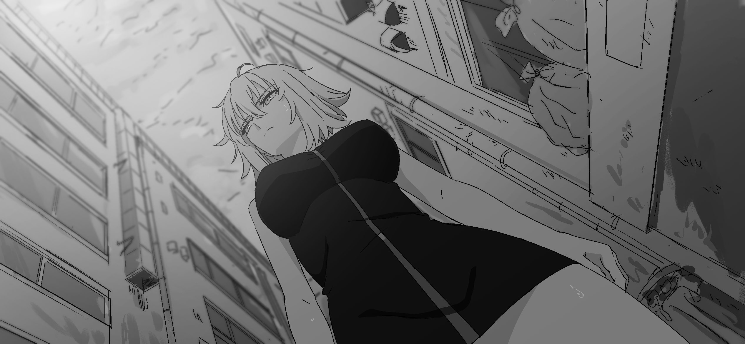 echidna430, jeanne d'arc alter (avenger) (fate), jeanne d'arc alter (fate), jeanne d'arc alter (ver. shinjuku 1999) (fate), fate/grand order, fate (series), highres, official art, 1girl, arms at sides, black dress, breasts, building, covered underboob, dress, from below, frown, full-length zipper, greyscale, large breasts, monochrome, short dress, short hair, sideways glance, solo, sweat, trash bag, trash can, walking, zipper, zipper dress