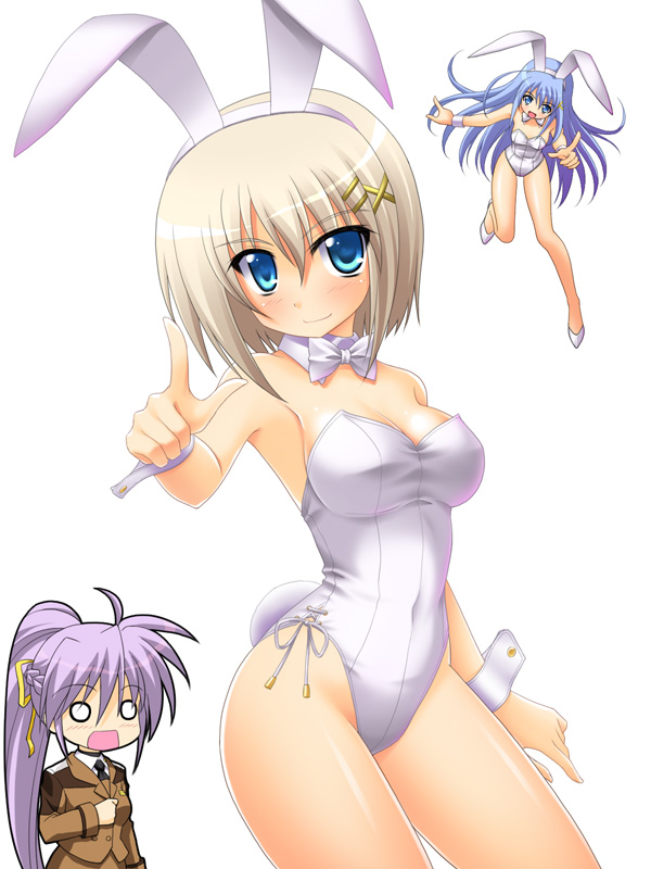 masakichi (crossroad), reinforce zwei, signum, yagami hayate, lyrical nanoha, mahou shoujo lyrical nanoha, mahou shoujo lyrical nanoha strikers, light purple hair, translation request, 00s, 3girls, animal ears, blonde hair, blue eyes, blue hair, blush, bow, bowtie, chibi, fake animal ears, hair ornament, long hair, military, military uniform, mini person, minigirl, multiple girls, o o, playboy bunny, ponytail, rabbit ears, surprised