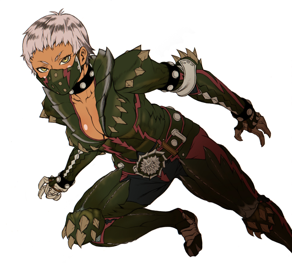 kei (bekei), capcom, monster hunter (series), monster hunter 3, 1girl, armor, belt, breasts, choker, cleavage, collar, dark-skinned female, dark skin, deviljho (armor), female focus, grey hair, large breasts, mask, short hair, simple background, solo, spikes