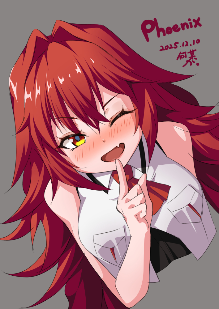 kochipu, phoenix (kancolle), kantai collection, commentary request, 1girl, artist name, ascot, breasts, character name, cropped torso, dated, fang, finger to mouth, index finger raised, large breasts, messy hair, one eye closed, red ascot, red eyes, red hair, skin fang, sleeveless, sleeveless jacket, smile, solo, upper body