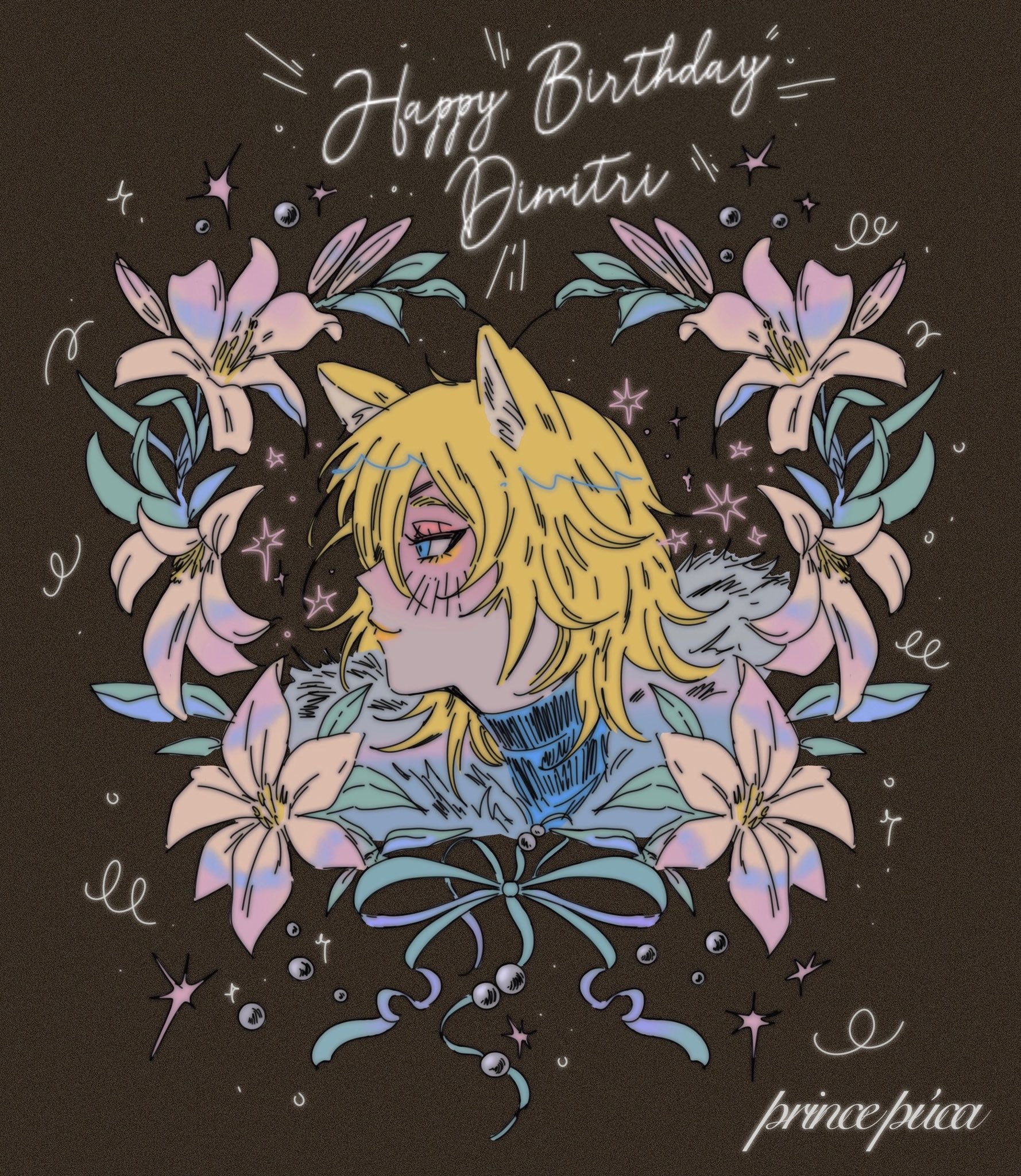 sarah (princepuca), dimitri alexandre blaiddyd, dimitri alexandre blaiddyd (timeskip), fire emblem, fire emblem: three houses, nintendo, commentary, english commentary, highres, 1boy, animal ears, armor, artist name, blonde hair, blue eyes, breastplate, cat ears, character name, cropped shoulders, english text, film grain, flower, grey fur, happy birthday, kemonomimi mode, leaf, lily (flower), male focus, parted bangs, plant, profile, ribbon, solo, white flower