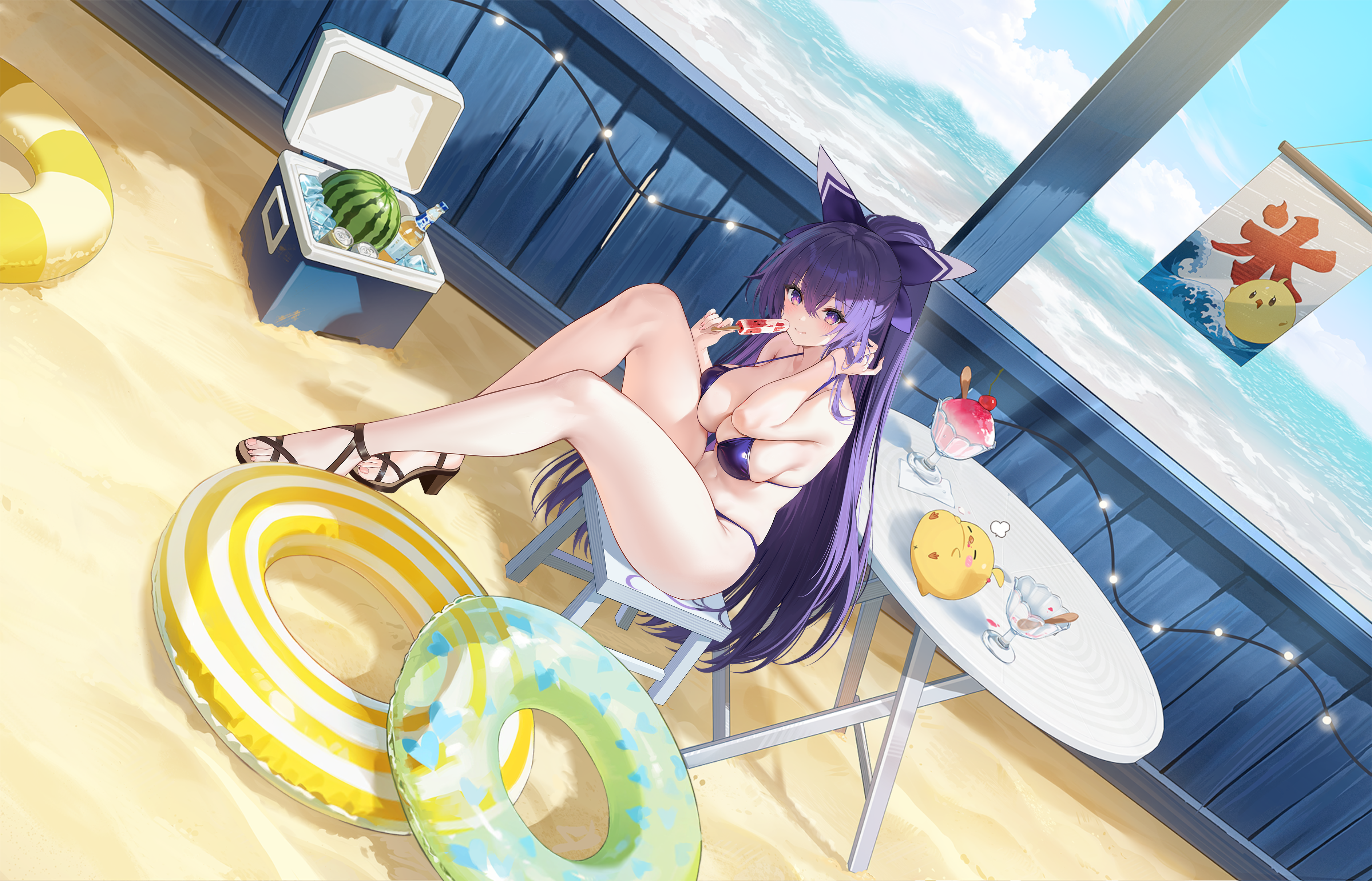 manjuu (azur lane), yatogami tohka, azur lane, date a live, absurdres, artist request, highres, non-web source, official art, 1girl, alternate breast size (larger), bikini, black sandals, breasts, closed mouth, food, fruit, hand up, high heel sandals, holding, holding food, holding popsicle, large breasts, legs, long hair, looking at viewer, melon, navel, official alternate costume, ponytail, popsicle, purple bikini, purple hair, sandals, sitting, smile, solo, stomach, swim ring, swimsuit, thighs, very long hair, yatogami tohka (break time)