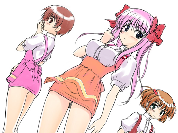 masakichi (crossroad), haramura nodoka, kataoka yuuki, miyanaga saki, anna miller, saki (manga), 00s, 3girls, alternate costume, blue eyes, breast envy, breasts, brown eyes, brown hair, dutch angle, hair bobbles, hair ornament, long hair, looking at breasts, multiple girls, orange skirt, pink hair, short hair, skirt, twintails, two side up, waitress