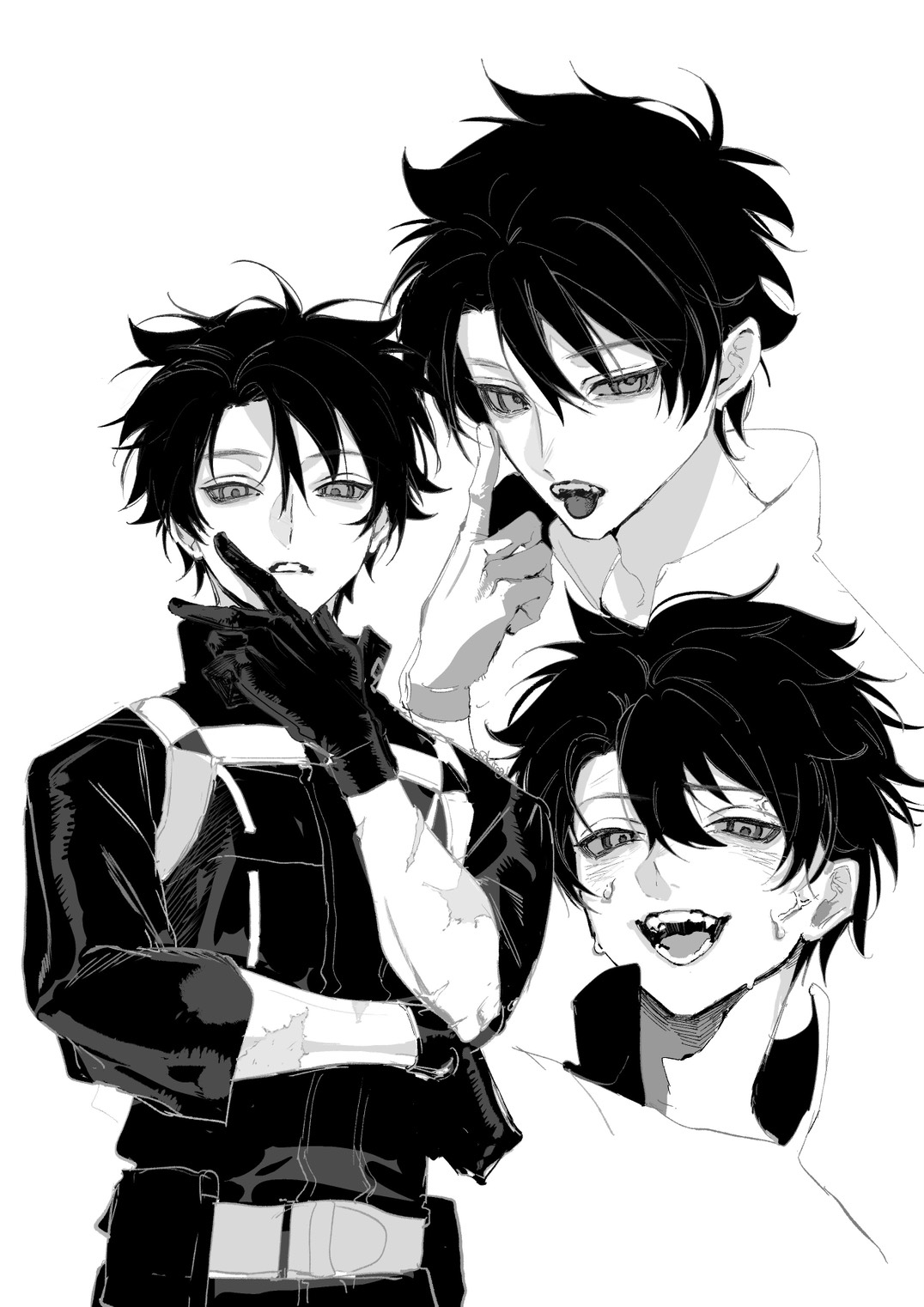 sasakitogd, fujimaru ritsuka (male), fujimaru ritsuka (male) (polar chaldea uniform), fate/grand order, fate (series), highres, 1boy, akanbe, black jacket, dress, eyelid pull, gloves, greyscale, jacket, male focus, monochrome, multiple views, short hair, solo focus, tongue, tongue out, veins