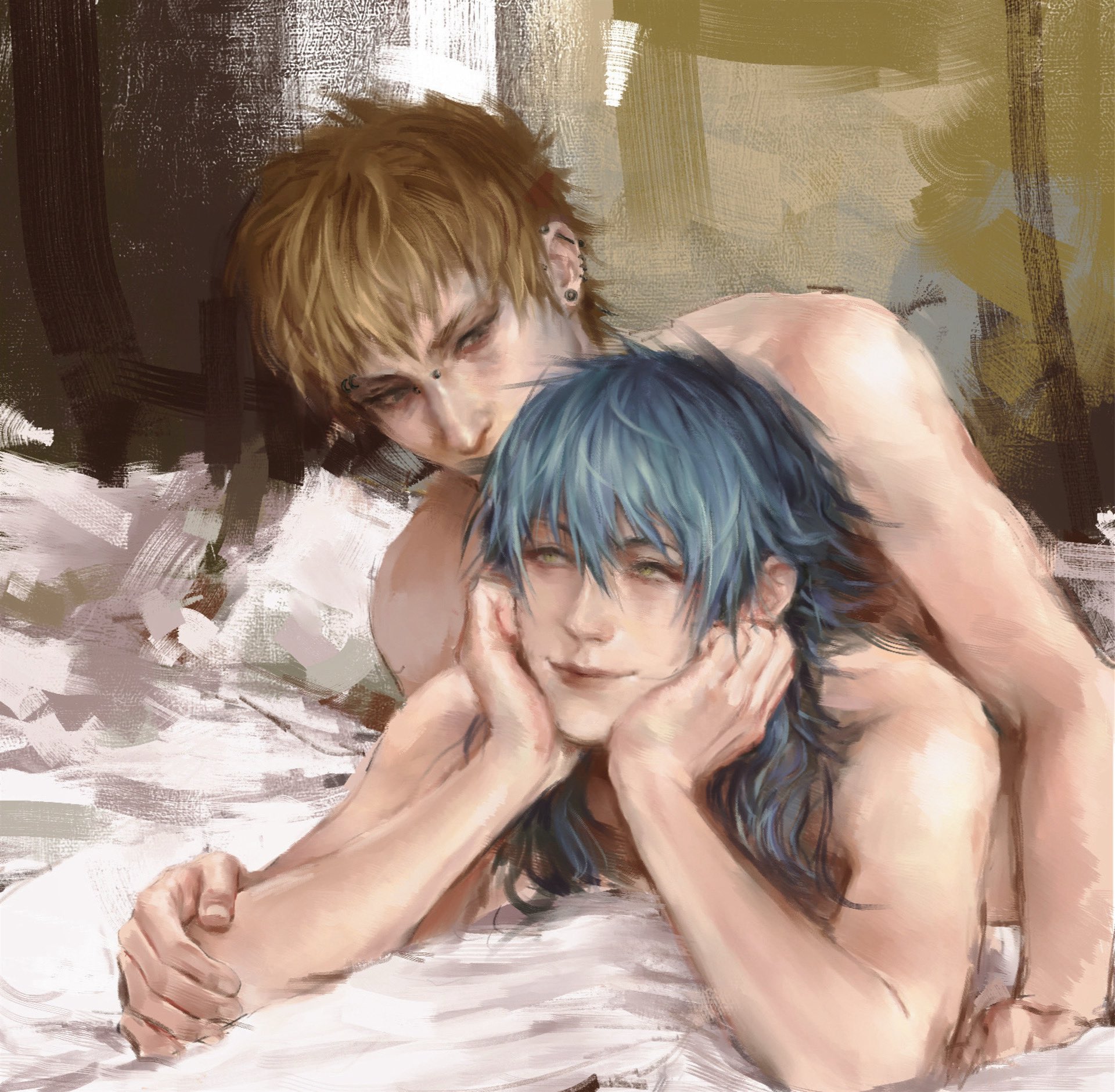 noiz (dramatical murder), seragaki aoba, dramatical murder, hashtag-only commentary, highres, 2boys, bridge piercing, ear piercing, eyebrow piercing, face piercing, fingernails, hands on own face, industrial, kk1y0sh1, lips, long hair, looking at another, male focus, multiple boys, nose, nude, on bed, piercing, short hair, smile, yaoi, yellow eyes