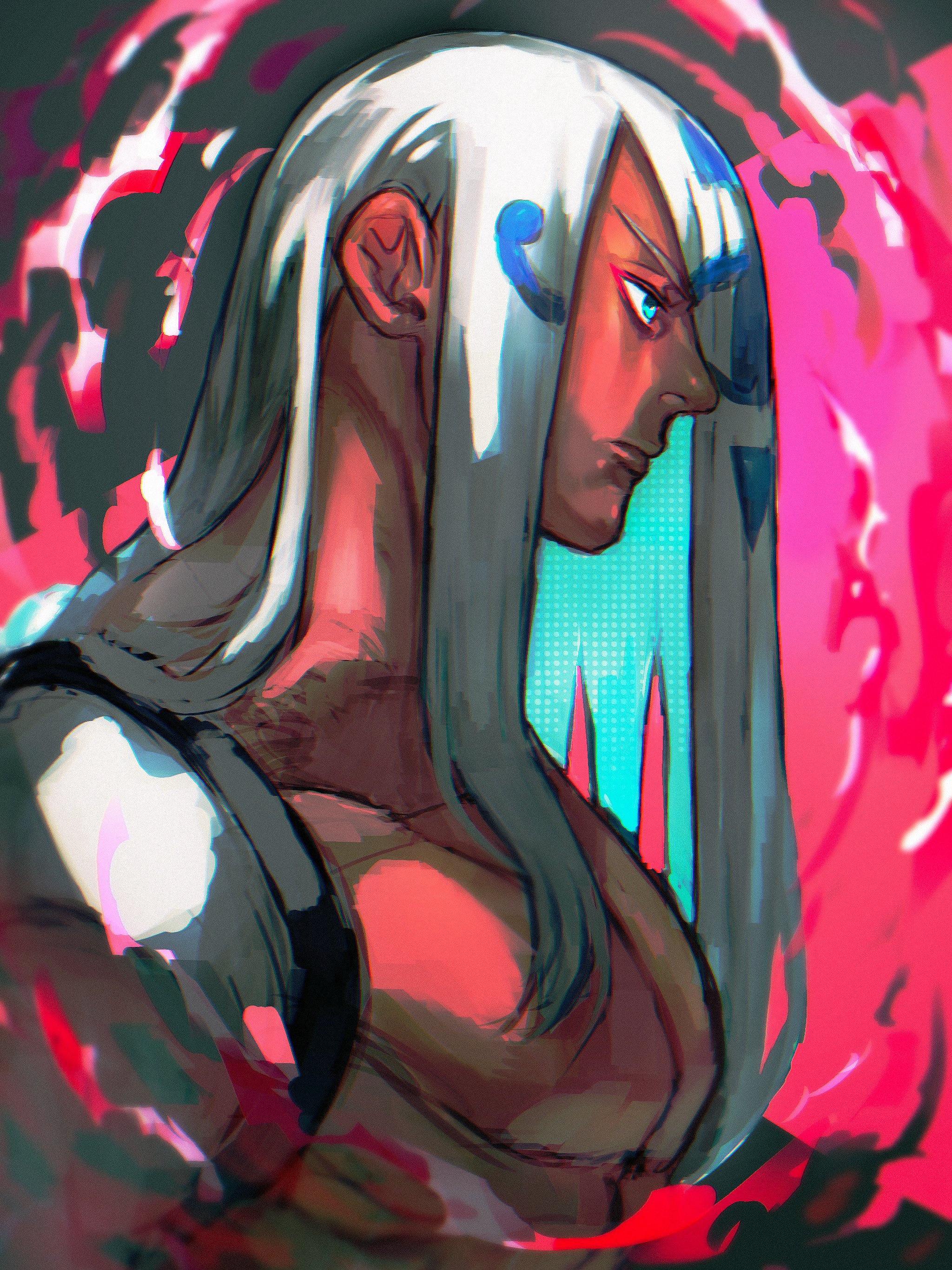 yohane shimizu, venom (guilty gear), guilty gear, absurdres, commentary request, highres, 1boy, aqua eyes, bare pectorals, closed mouth, collarbone, cropped torso, dark-skinned male, dark skin, long hair, male focus, parted bangs, pectorals, profile, shirt, solo, white shirt