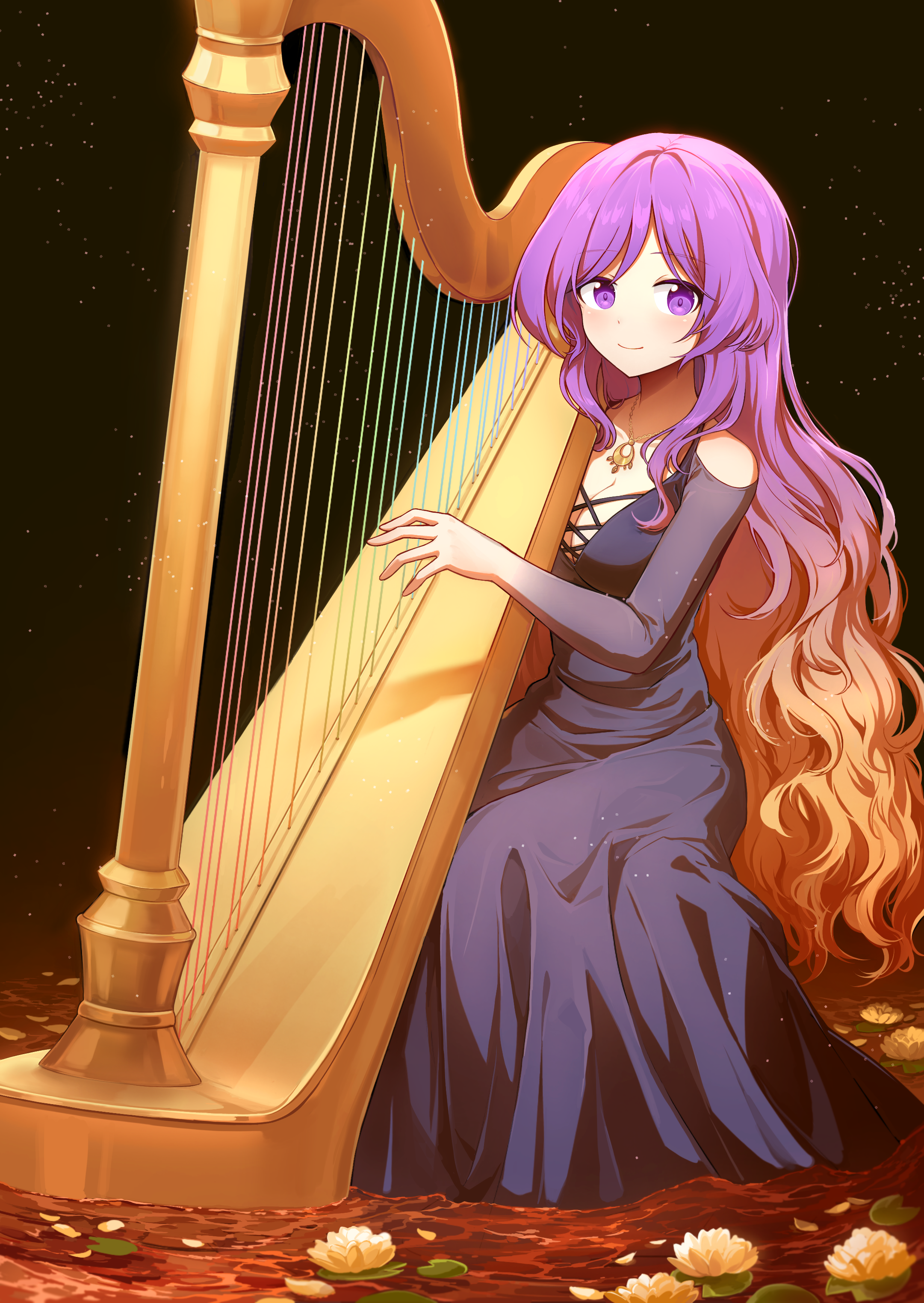 kaoling, hijiri byakuren, touhou, absurdres, commentary, highres, 1girl, alternate costume, black dress, blonde hair, breasts, cleavage, closed mouth, collarbone, dress, flower, gradient hair, harp, holding harp, instrument, jewelry, long hair, looking at viewer, lotus, multicolored hair, music, necklace, pendant, playing instrument, purple dress, purple eyes, purple hair, smile, solo, two-tone hair, very long hair, water, wavy hair, white petals