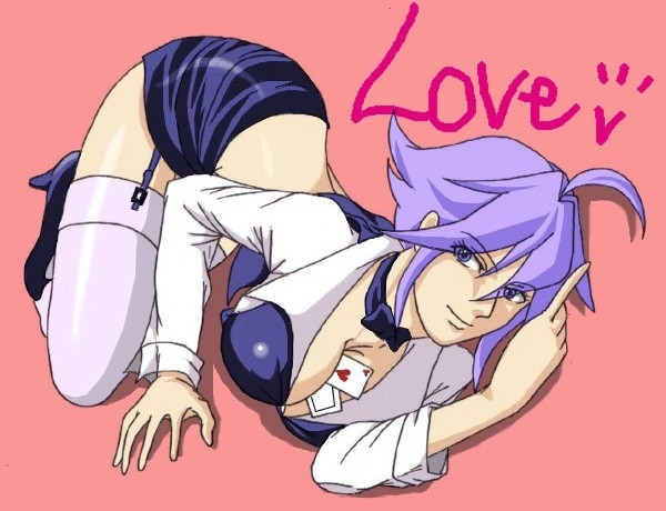 skylove, snk, tagme, 1girl, ahoge, black shoes, blouse, collared shirt, english text, female focus, from side, full body, garter straps, hair between eyes, heart, legs together, miniskirt, parted bangs, pencil skirt, pink background, shirt, shoes, short hair with long locks, simple background, skirt, solo, thighhighs, white shirt, white thighhighs