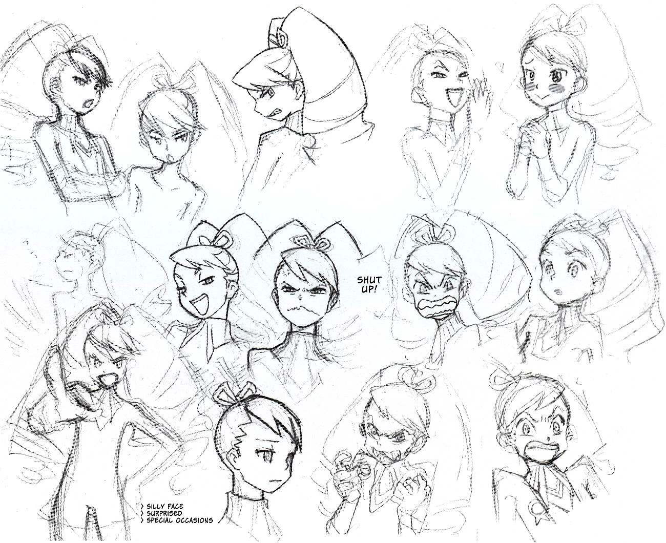 luna platz (mega man), mega man (series), mega man star force (series), official art, third-party source, 1girl, anger vein, angry, blush, drill hair, laughing, long hair, multiple expressions, ojou-sama pose, open mouth, own hands together, pointing, sketch, smile, twin drills, very long hair