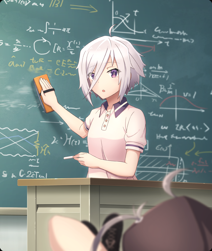 itomi sayaka, shichinosato kofuki, toji no miko, toji no miko: kizamishi issen no tomoshibi, game cg, official art, third-party source, 2girls, ahoge, arrow (symbol), black shoes, blurry, blurry foreground, board eraser, breasts, brown hair, brown hood, buttons, chalk, chalkboard, classroom, desk, dot nose, equation, hair between eyes, holding, holding chalk, looking at viewer, math, multiple girls, open mouth, purple eyes, shirt, shoes, short hair, short sleeves, small breasts, solo focus, teacher, white shirt