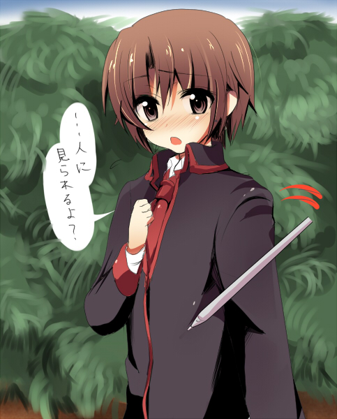 masayu, naoe riki, little busters!, love plus, bad id, bad pixiv id, translation request, 1boy, blush, bob cut, brown eyes, brown hair, male focus, parody, school uniform, short hair, solo, stylus