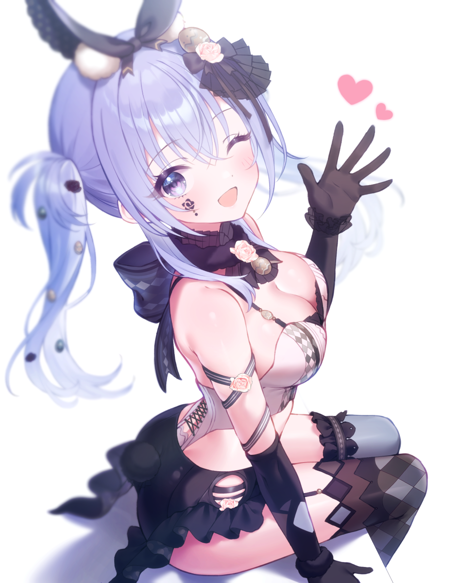 shirasato (phzm8733), suzuki hana, idolmaster, idolmaster shiny colors, idolmaster shiny colors song for prism, commentary request, highres, 1girl, black gloves, black thighhighs, blue hair, blush, breasts, cleavage, corset, crossed bangs, detached collar, elbow gloves, facial mark, frilled shorts, frills, from above, gloves, hair between eyes, hair ornament, hair ribbon, heart, long hair, looking at viewer, medium breasts, official alternate costume, official alternate hairstyle, one eye closed, open mouth, purple eyes, ribbon, short shorts, shorts, simple background, sitting, smile, solo, thighhighs, twintails, white background, white corset