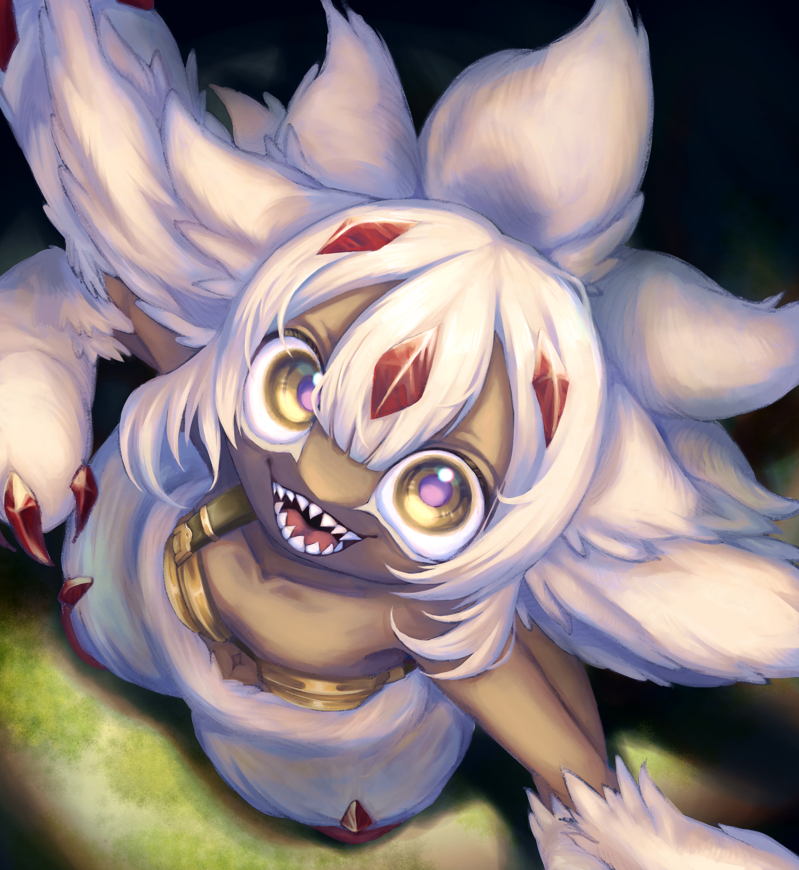 melanin shikiso, faputa, made in abyss, absurdres, commentary request, highres, 1girl, blunt bangs, dark-skinned female, dark skin, double-parted bangs, extra arms, fewer digits, from above, full body, hair between eyes, long hair, looking at viewer, monster girl, open mouth, sharp teeth, smile, solo, teeth, white hair, yellow eyes