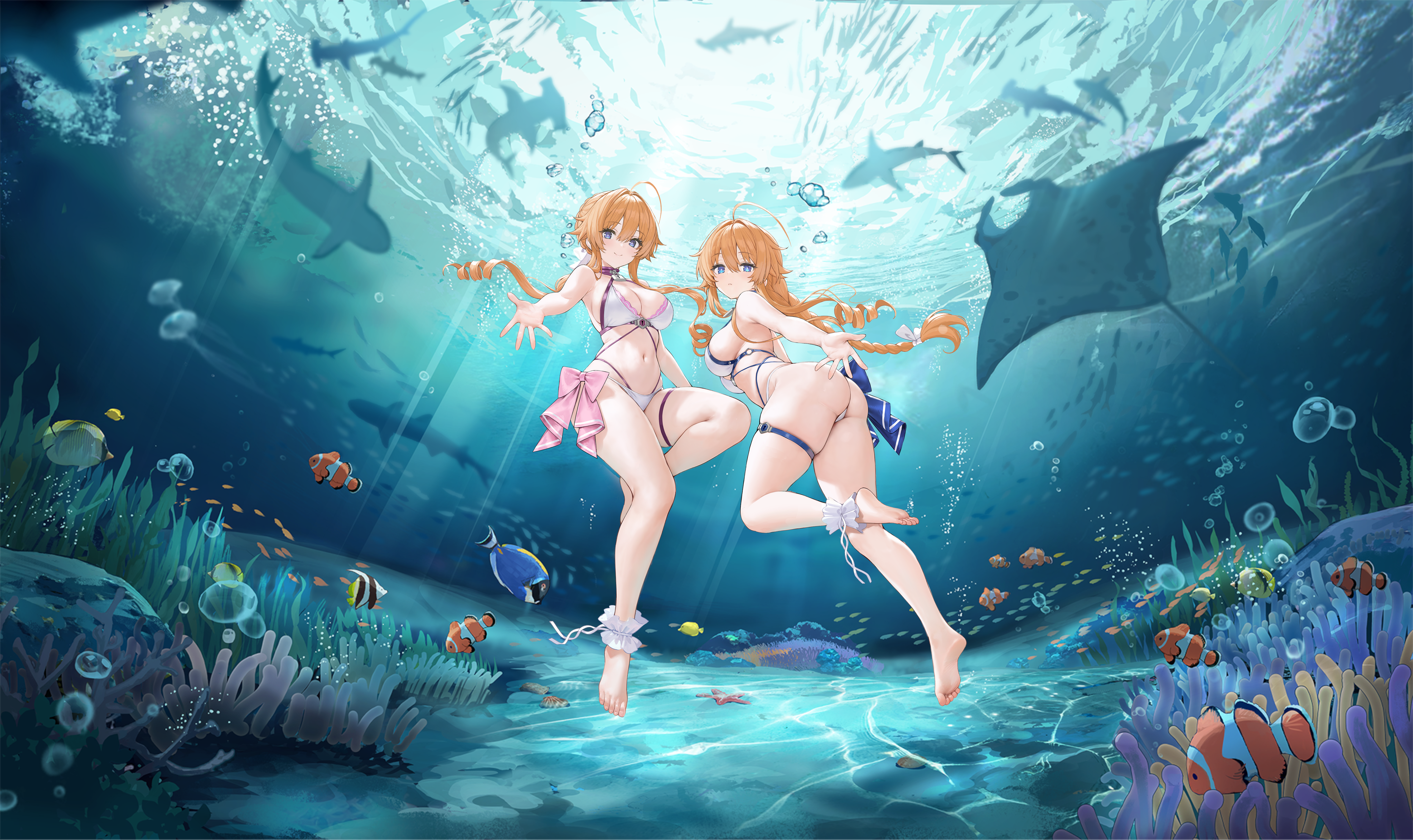 yamai kaguya, yamai yuzuru, azur lane, date a live, absurdres, artist request, highres, non-web source, official art, 2girls, ahoge, air bubble, ass, barefoot, bikini, blue eyes, braid, braided ponytail, breasts, bubble, closed mouth, clownfish, feet, fish, hair between eyes, hair intakes, large breasts, lock, long hair, looking at viewer, multiple girls, navel, official alternate costume, orange hair, reaching, reaching towards viewer, siblings, sisters, soles, swimsuit, thigh strap, thighs, underwater, very long hair, water, white bikini, yamai kaguya (blue ocean rendezvous), yamai yuzuru (blue ocean rendezvous)