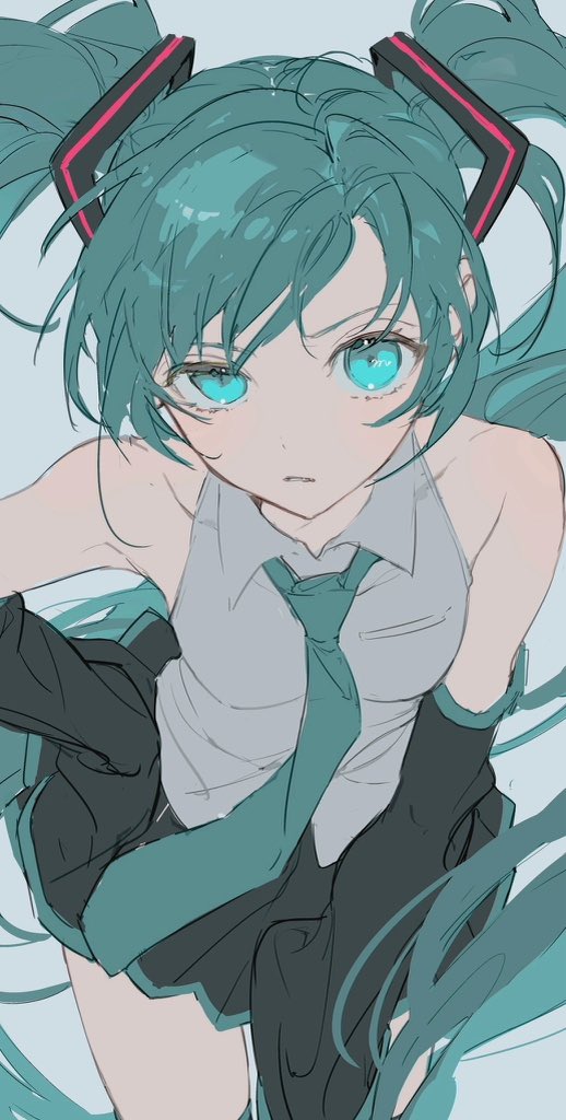 makoto (roketto-massyumaro), hatsune miku, vocaloid, hashtag-only commentary, 1girl, aqua eyes, aqua hair, aqua necktie, bare shoulders, black skirt, black sleeves, breasts, detached sleeves, grey shirt, hair ornament, long hair, looking at viewer, necktie, pleated skirt, shirt, simple background, skirt, sleeveless, sleeveless shirt, small breasts, solo, thighhighs, twintails, very long hair, white background