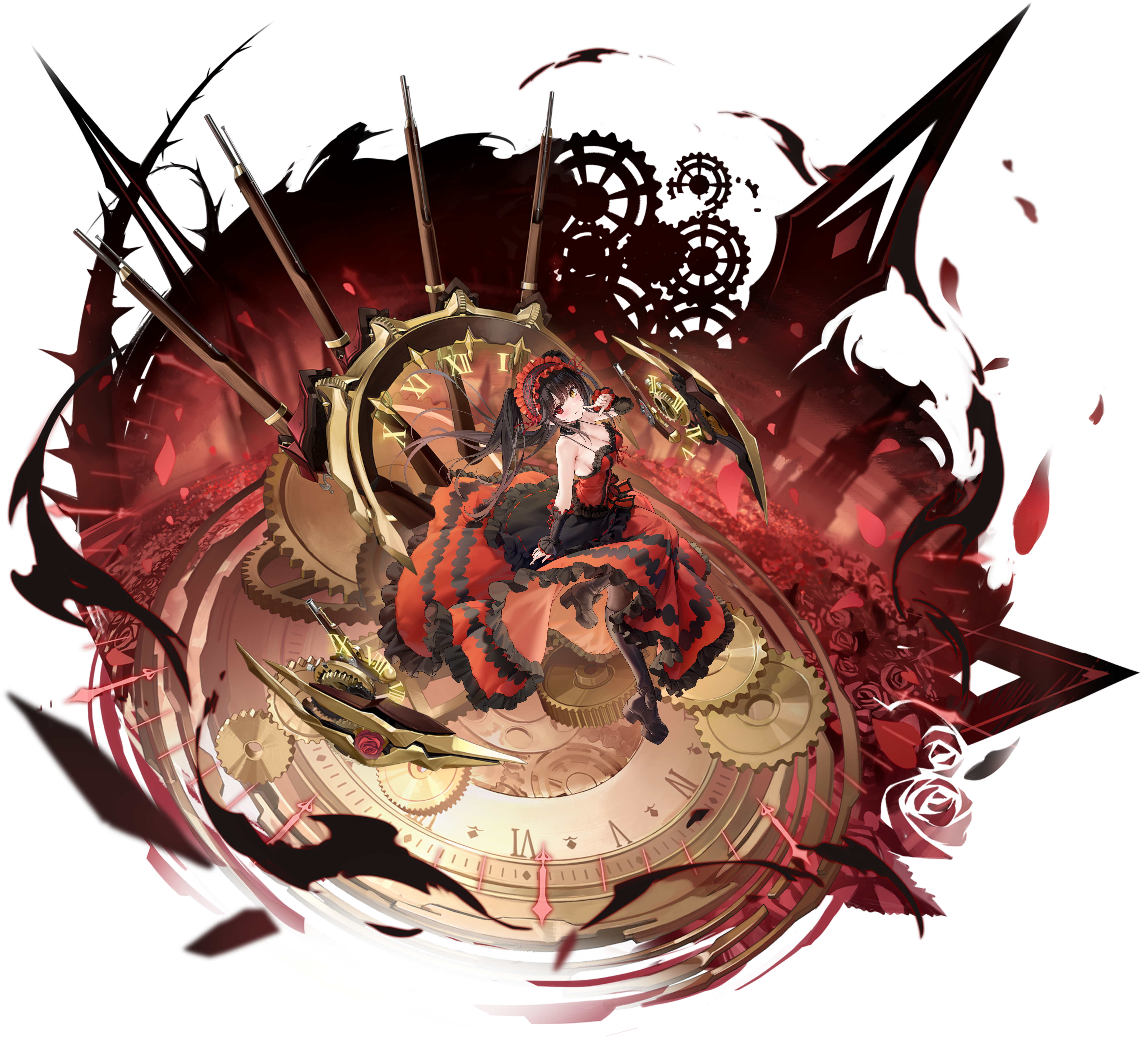 tokisaki kurumi, azur lane, date a live, absurdres, artist request, highres, non-web source, official art, 1girl, black boots, black collar, black hair, black pantyhose, boots, breasts, cleavage, clock, collar, dress, finger to mouth, frilled dress, frills, full body, gears, gun, hairband, handgun, heterochromia, knee boots, large breasts, layered dress, long hair, looking at viewer, pantyhose, red dress, red eyes, red hairband, sitting, smile, solo, tokisaki kurumi (spirit), twintails, weapon, yellow eyes