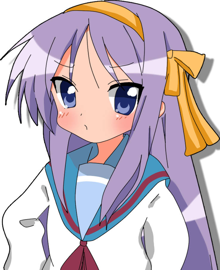rakisana, hiiragi kagami, suzumiya haruhi, lucky star, suzumiya haruhi no yuuutsu, 1girl, blue eyes, cosplay, female focus, hairband, long hair, purple hair, school uniform, serafuku, solo, suzumiya haruhi (cosplay)