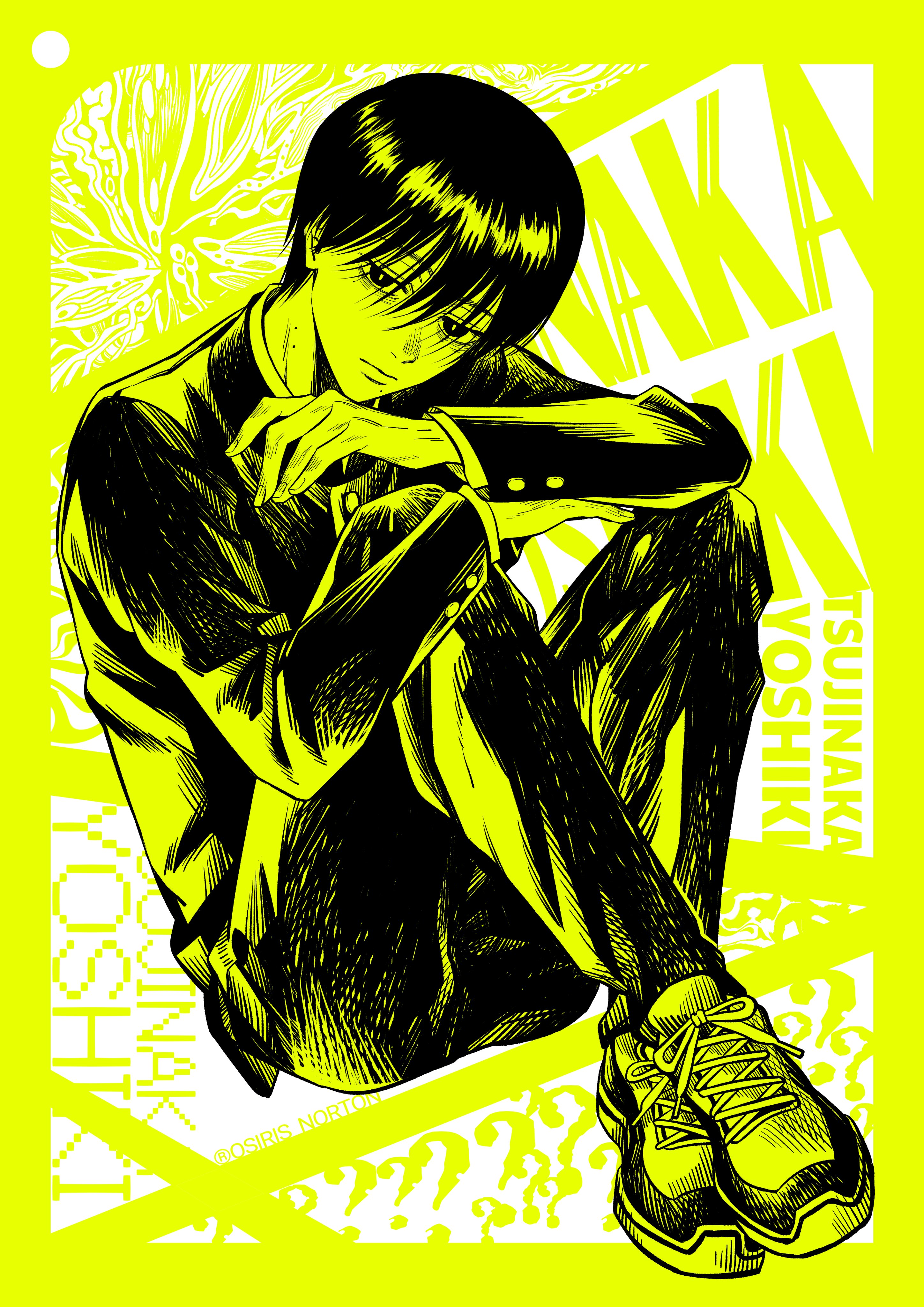 tsujinaka yoshiki, hikaru ga shinda natsu, absurdres, commentary request, highres, 1boy, ?, ??, character name, closed mouth, full body, gakuran, green theme, knees up, looking at viewer, male focus, mole, mole on cheek, mole under eye, mole under mouth, multiple moles, osirisaldington, school uniform, shoes, short hair, sitting, slit pupils, solo, twitter username