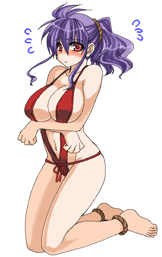 ogera okera, yasaka kanako, touhou, bad id, bad pixiv id, 1girl, anklet, barefoot, blush, breasts, cleavage, feet, female focus, full body, jewelry, large breasts, oekaki, ponytail, purple hair, red eyes, rope, short hair, simple background, slingshot swimsuit, solo, swimsuit, white background