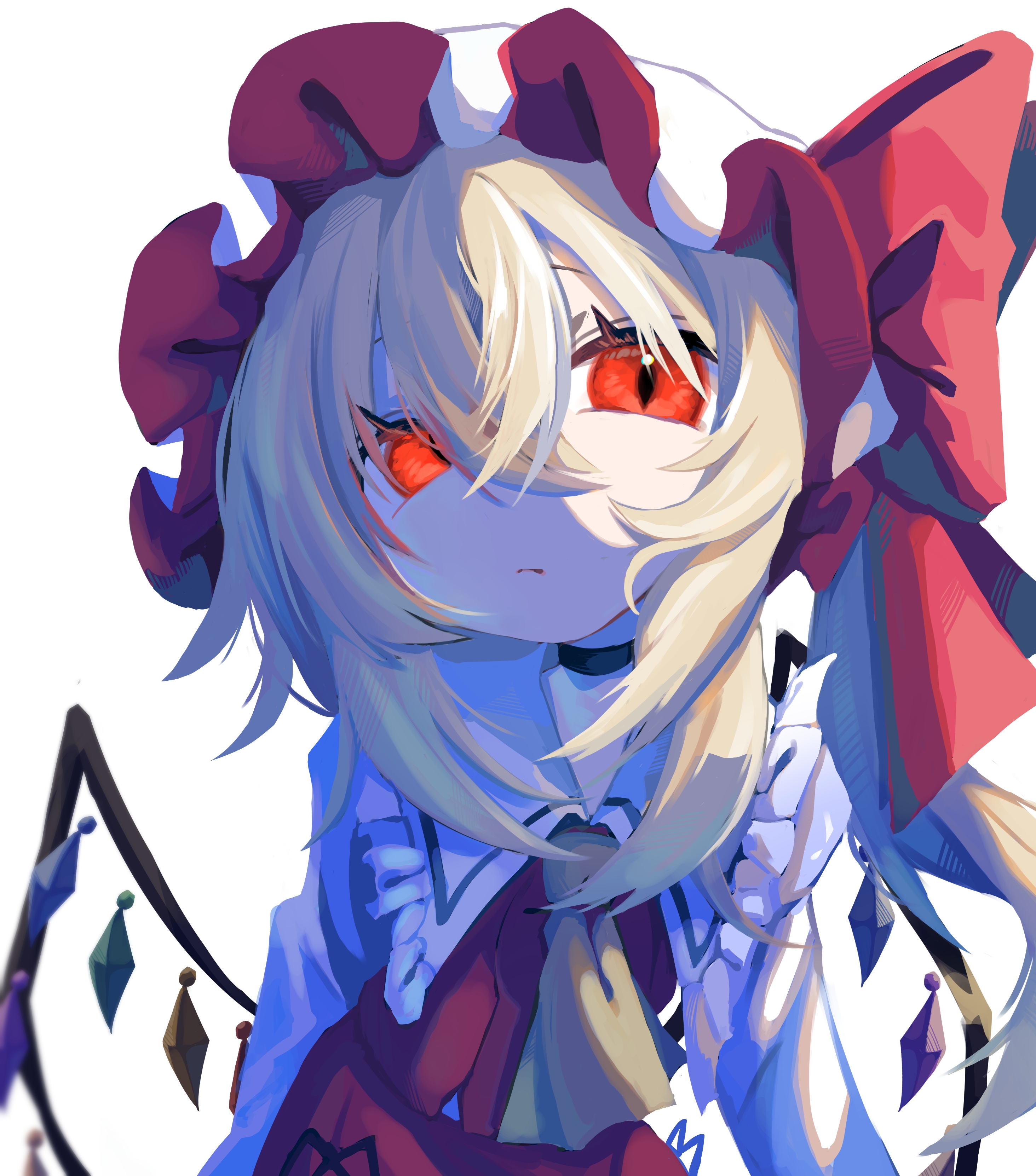 melanin shikiso, flandre scarlet, touhou, absurdres, commentary request, highres, 1girl, ascot, bow, closed mouth, expressionless, frilled shirt collar, frills, hair between eyes, hat, hat bow, long bangs, long hair, long sleeves, looking at viewer, mob cap, red bow, red eyes, red skirt, red vest, shirt, simple background, skirt, skirt set, slit pupils, solo, upper body, vest, white background, white hat, white shirt, yellow ascot