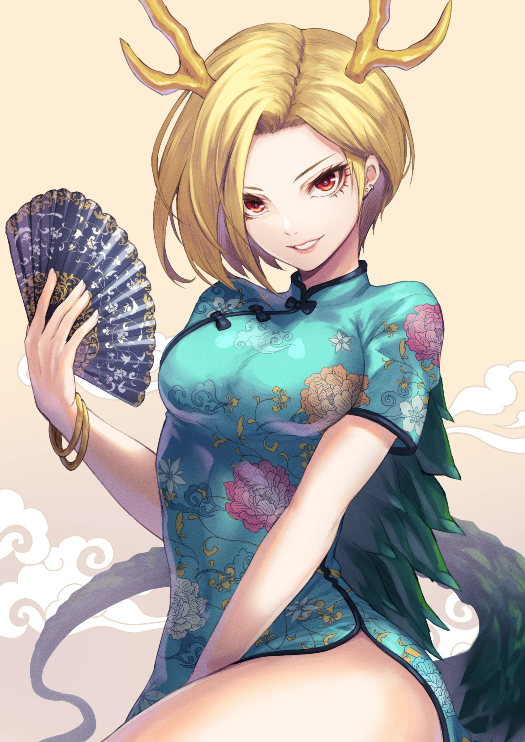 re (re 09), kicchou yachie, touhou, absurdres, chinese commentary, commentary request, commission, highres, second-party source, skeb commission, 1girl, alternate costume, antlers, aqua dress, blonde hair, bracelet, china dress, chinese clothes, cowboy shot, dragon tail, dress, ear piercing, floral print, grin, hand fan, holding, holding fan, horns, jewelry, looking at viewer, piercing, red eyes, short hair, short sleeves, smile, solo, tail, turtle shell