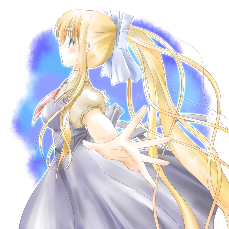haruno (macoro), kamio misuzu, air (visual novel), 00s, blonde hair, blue eyes, hair ribbon, long hair, outstretched arms, ponytail, ribbon, school uniform, solo, spread arms, very long hair