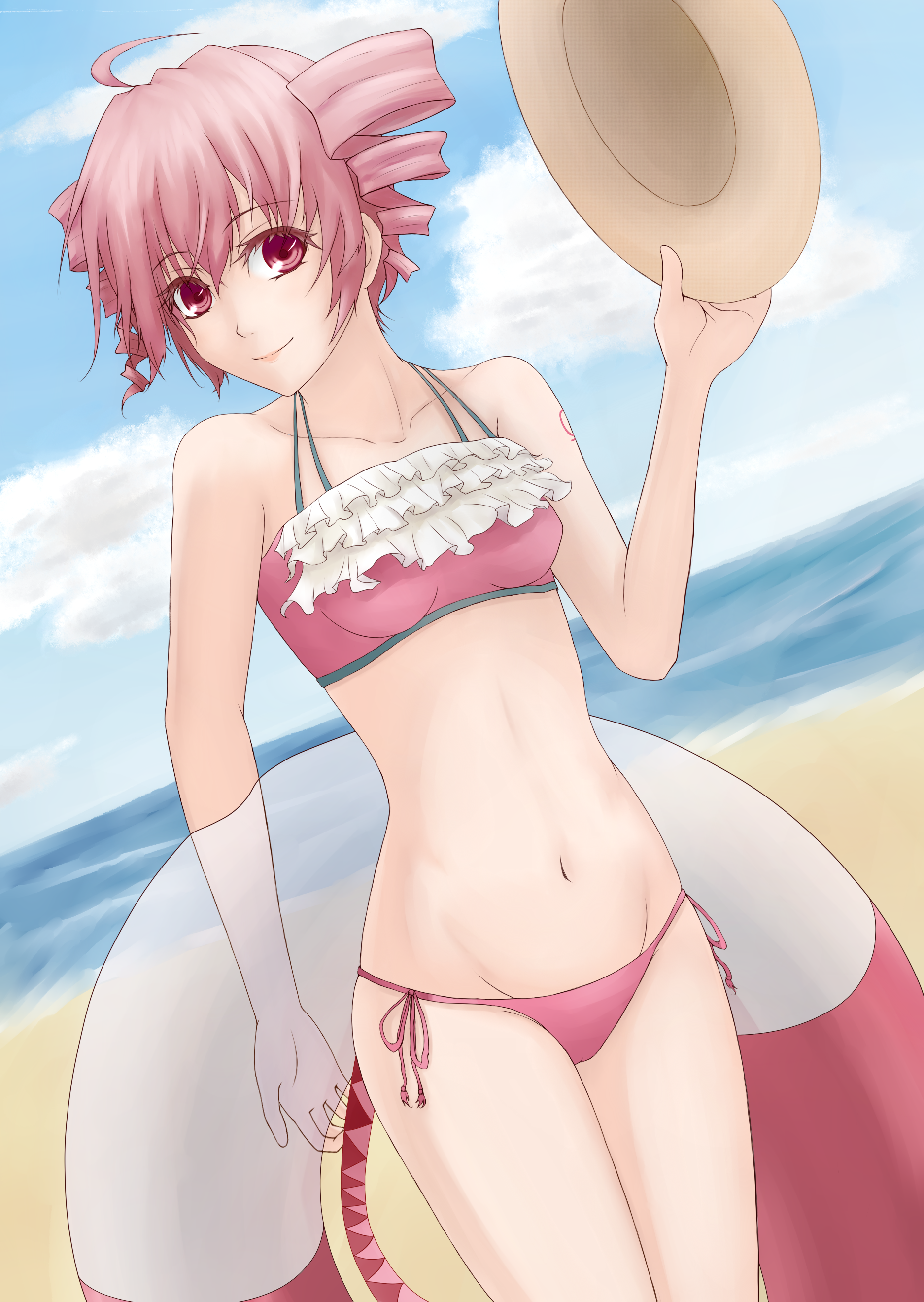 astn, asuto3, kasane teto, utau, vocaloid, absurdres, highres, 1girl, beach, bikini, day, drill hair, dutch angle, female focus, frills, hat, innertube, outdoors, pink hair, red eyes, short hair, side-tie bikini bottom, solo, swim ring, swimsuit, twin drills, twintails