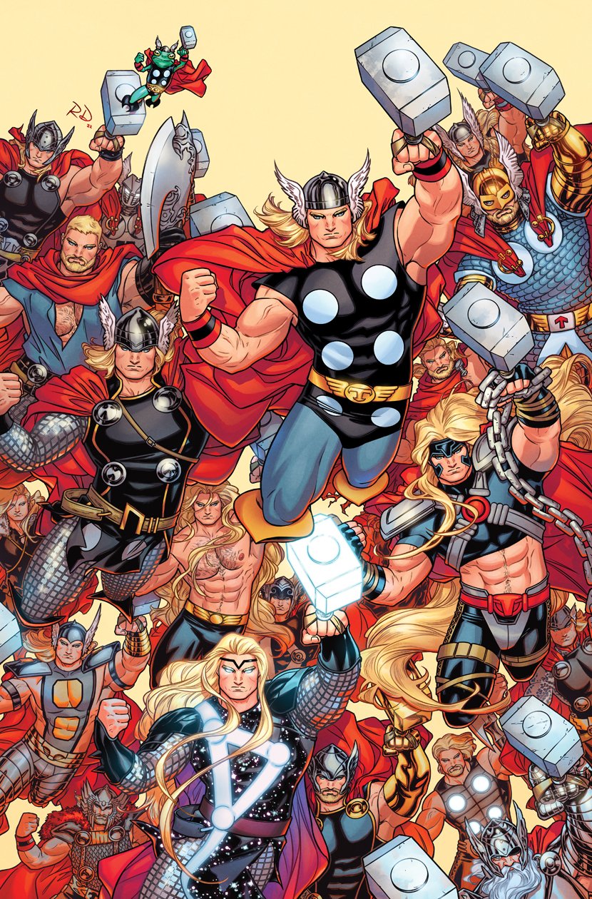 russell dauterman, thor (marvel), marvel, thor (marvel) (series), comic cover, commentary, english commentary, highres, official art, 1boy, abs, aged up, axe, battle axe, beard, blonde facial hair, blonde hair, blue eyes, blue leggings, boots, cape, chain, chest hair, circlet, crop top, eyepatch, facial hair, frog, glowing, glowing eyes, hammer, helmet, holding, holding axe, holding hammer, holding weapon, leggings, long hair, looking at viewer, male focus, mature male, multiple persona, muscular, muscular male, nipples, prosthesis, prosthetic arm, red cape, short hair, silver armor, superhero costume, throg (marvel), weapon, white facial hair, white hair, winged helmet, yellow background, yellow boots