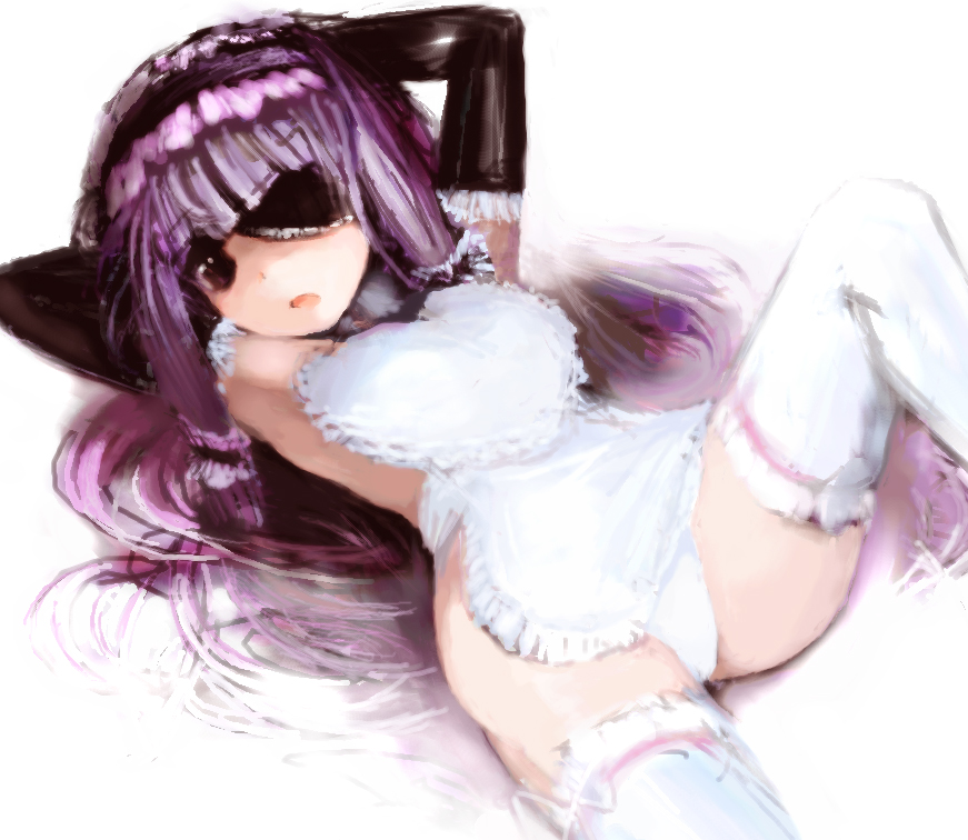 kasutaso, mari (dream c club), dream c club, dream c club (series), 1girl, apron, armpits, arms up, elbow gloves, eyepatch, female focus, gloves, lying, naked apron, panties, purple hair, solo, thighhighs, underwear