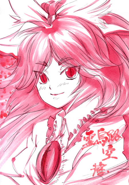 koyomiuta, reiuji utsuho, touhou, traditional media, 1girl, bow, female focus, hair bow, hair ribbon, long hair, monochrome, ribbon, shirt, slit pupils, smile, solo