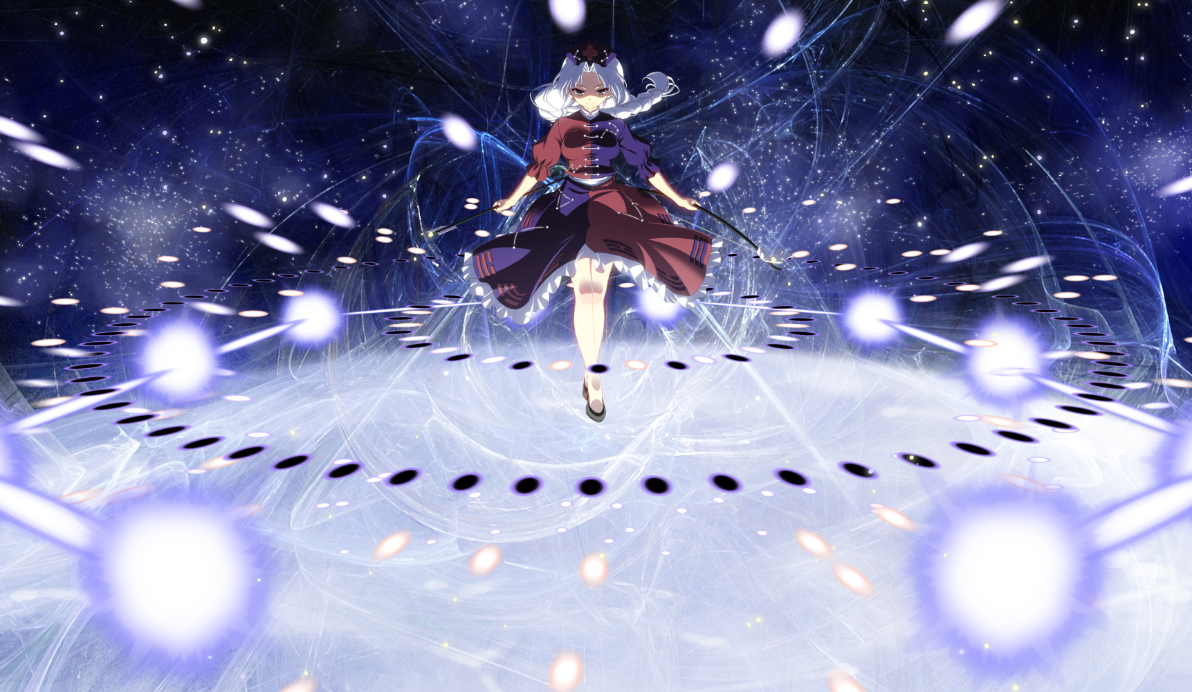 hyouju issei, tsukiyo-b, yagokoro eirin, touhou, silver hair, highres, 1girl, arrow (projectile), bow (weapon), braid, danmaku, female focus, green eyes, hat, long hair, sky, solo, star (sky), starry sky, weapon