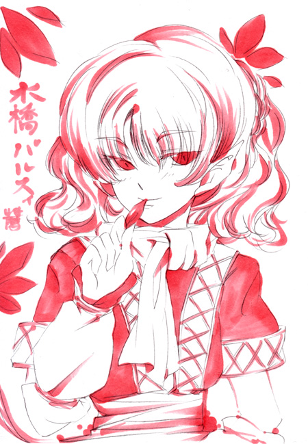 koyomiuta, mizuhashi parsee, touhou, traditional media, 1girl, arm warmers, bow, female focus, hair bow, leaf, monochrome, pointy ears, scarf, short hair, short sleeves, slit pupils, smile, smirk, solo, wavy hair