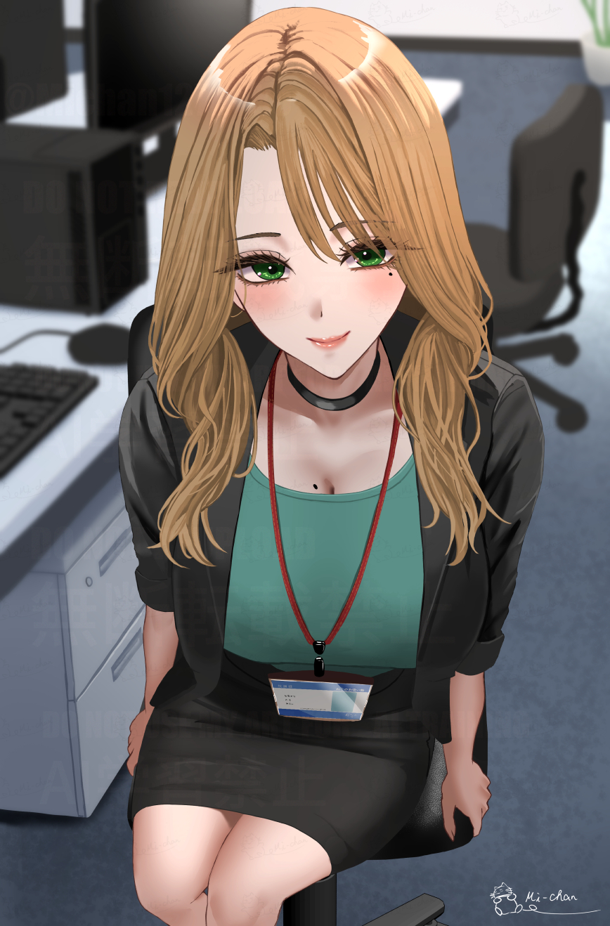 michan127neko, original, commentary request, highres, 1girl, black choker, black jacket, black skirt, blonde hair, blush, breasts, chair, choker, cleavage, computer, computer keyboard, computer mouse, computer tower, drawer, green eyes, green shirt, hair between eyes, id card, indoors, jacket, lanyard, large breasts, long hair, looking at viewer, mole, mole on breast, mole under eye, monitor, mousepad (object), office, office chair, office lady, open clothes, open jacket, pencil skirt, red lips, shirt, signature, sitting, skirt, smile, solo, suit jacket, swivel chair, watermark