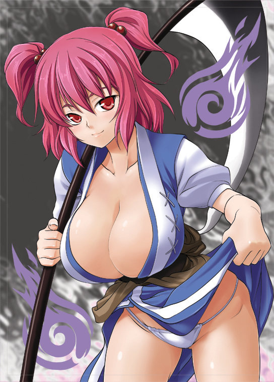 soba (saz), onozuka komachi, touhou, 1girl, breasts, cleavage, clothes lift, dress, dress lift, female focus, hair bobbles, hair ornament, huge breasts, panties, red hair, scythe, solo, twintails, two side up, underwear, weapon