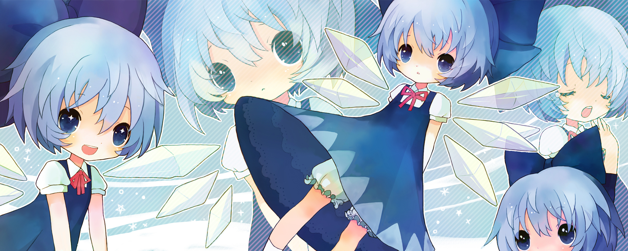 32 (mayama), cirno, embodiment of scarlet devil, touhou, bad id, bad pixiv id, highres, long image, wide image, blue eyes, blue hair, bow, hair bow, short hair, wings