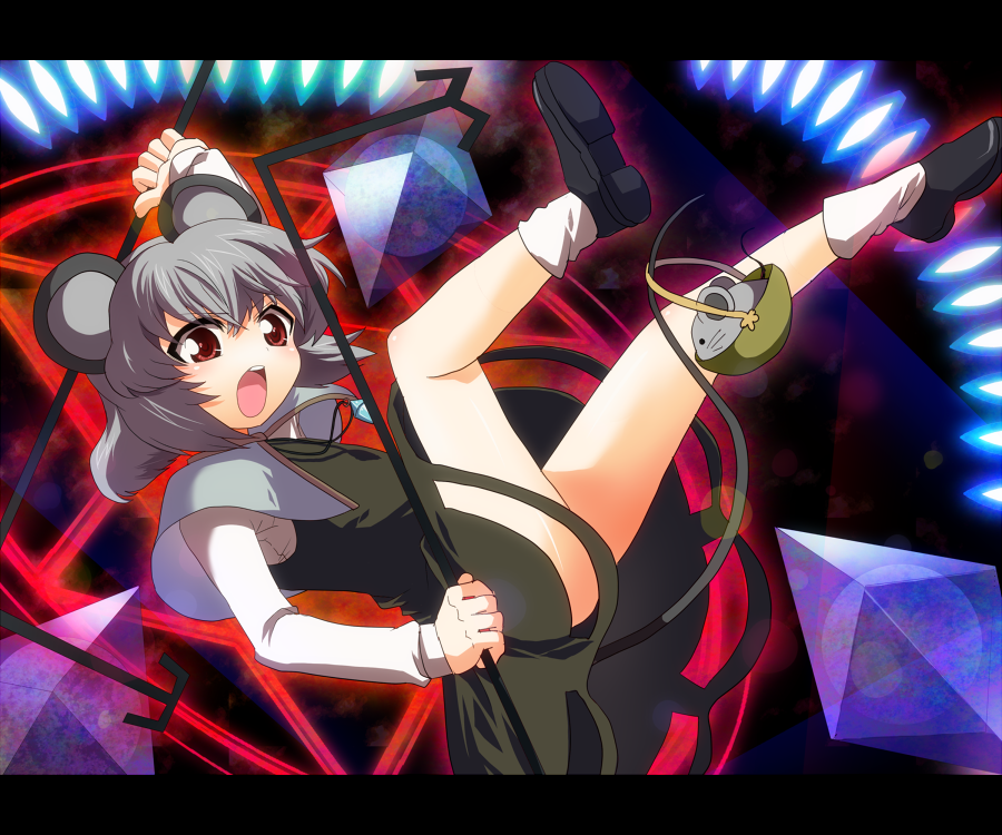 aro, nazrin, touhou, 1girl, animal ears, basket, danmaku, female focus, grey hair, jewelry, mouse (animal), mouse ears, mouse tail, pendant, red eyes, solo, tail