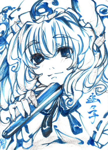 koyomiuta, saigyouji yuyuko, touhou, traditional media, 1girl, bow, female focus, folded fan, folding fan, hair bow, hand fan, hat, monochrome, ribbon, short hair, smile, solo